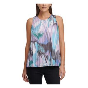 DKNY Womens Purple Pleated Chiffon Printed Sleeveless Scoop Neck Top Size: XXS